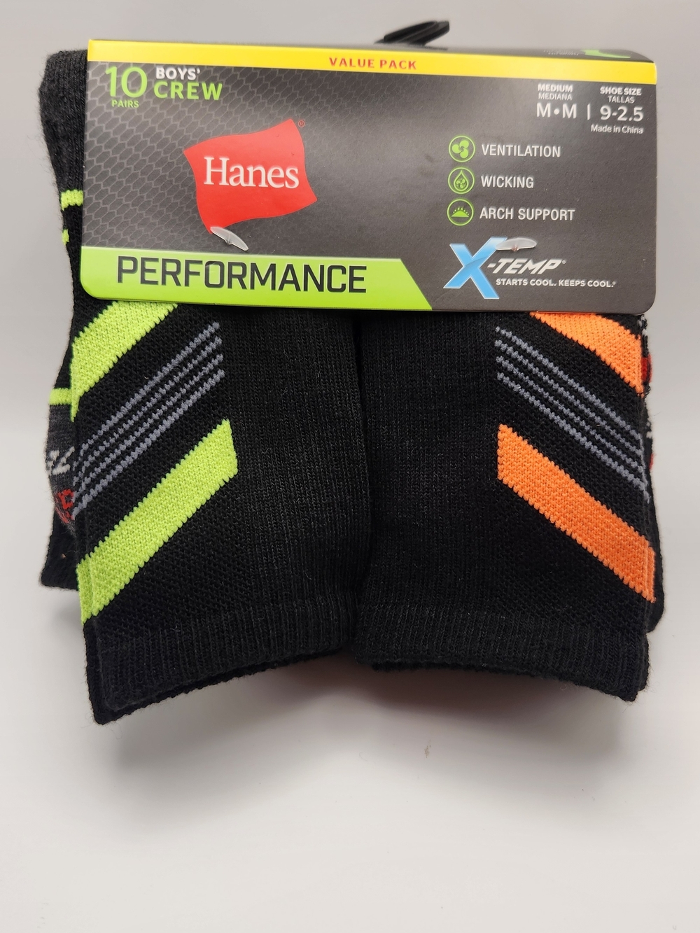 Hanes Performance Boys' Crew Socks - Black with Lime & Orange Accents, 10-Pack